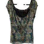 Y2K Babydoll Paisley Top Office Siren Green Blue Adjustable Sheer Sleeve Medium Black Photo 0