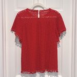 After Market Evereve Red Short Sleeve Top Pom Pom Trim Crochet Overlay Medium Photo 4