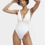 River Island NWT  Women's White Gold Sequined Embroidered Plunge Swimsuit, sz 2 Photo 1