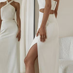 Commense Elegant Crisscross Minimalist Cutout Halter Split Long Dress White S Photo 0