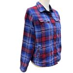 LL Bean Shirt Jacket Women’s XS Blue Plaid Fleece Lined Snap Front Pockets Cozy Photo 3