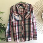 Burnside Red and blue plaid flannel shirt with a moose head on the back Photo 0