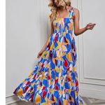 Women's Blue Multicolor Floral Smocked Ruffle Tiered A Line Maxi Dress Size XL Photo 0