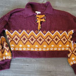 SO  Maroon & Gold Cropped Fair Isle Tie Up Sweater Size L Photo 0