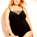 Aqua Green PLUS Size 20 20W 2X Black Strappy Swim Tankini Top Swimsuit Lace Up Photo 0