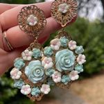 Gold Filigree Rose Earrings dangle drop flowers boho renaissance vintage large Photo 4