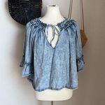 Free People  Indigo Wash Ruffle Denim Bell Sleeve Top, Size Small Photo 0
