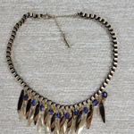 Kenneth Cole Gold Tone Blue Gem Statement Necklace Dangling Leaf Shaped Chain Photo 9