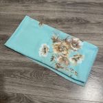 Women Floral Shawl Square Fringed Light Blue Tan Cream Elegant Accessory Photo 9