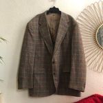 70s VTG Union Hunter Haig Brown Windowpane Plaid 100% Wool Suit Sport Coat Blazer 44 LG Photo 0