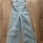 e.ssue Denim Jumpsuit Wide Leg Ruffle Strap Light Wash Small Blue Photo 0