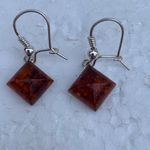 Sterling Silver 925 Diamond Shape Baltic Amber Drop Dangle Earrings Orange Photo 5