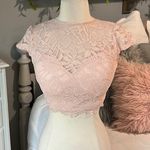 B Darlin Lace Top Criss Cross Open Back Sash Tie Peach Womens 1/2 Romantic Lace Photo 3