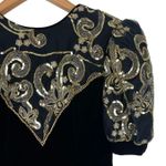 Jessica McClintock Vintage Black Velvet Gold Sequin Puffy Half Sleeves Dress Photo 3