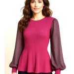 89th Madison NWT Medium Sheer Magenta Haze Knit Peplum Top Mesh Balloon Sleeves Purple Photo 2
