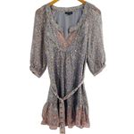 Warehouse Boho Peasant Mini Dress Size 6 Pink Gray Paisley Silk Puff Sleeves Photo 1
