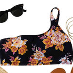 Volcom Black Floral One Shoulder Bikini Top Yellow Pink Tropical Surf Small EUC Photo 0