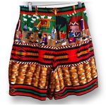 Vintage Native American Folk Art High Waisted Tailored Cotton Shorts Small Boho Red Photo 2