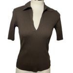 Cotton Citizen Ribbed Knit Polo Top Brown V-Neck Stretch Fitted Shirt Size M Photo 1