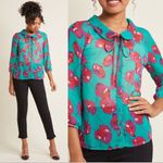 Modcloth • Jade Floral poppy print Peter Pan collar blouse chiffon bow tie neck Photo 1