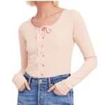 We The Free  People Pink Cecelia Coquette Henley Bow Long Sleeve Top Size Large Photo 0
