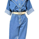 Vintage Western Studded Denim Jumpsuit Western 80s Rhinestone, Size Medium EUC Blue Photo 0