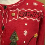 Quacker Factory  Sweater VTG Cardigan Christmas‎ Snowman Red Holiday Knit Medium Photo 6