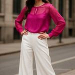 Simply Styled by Sears Sheer XL Fuschia Pink Long Sleeve Blouse Keyhole Neckline Photo 9