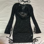 SheIn  Sheer Black Lace Dress, Long Sleeve Low Cowl Front With Triangle Top Small Photo 2