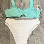 SheIn NWT XL Womens Bikini Two Piece Bathing Suit Green Blue Top White Cheeky Bottom Photo 0