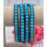 Victoria Emerson Blue Turquoise Stone Beads Brown Leather Cord Wrap Bracelet 36" Photo 3