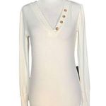 Loft  Shirt Cream Ribbed Vneck Button Detail Long Sleeve Retro Top Size Small Photo 0