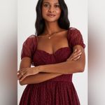 Lulus  Sweet Amor Burgundy Tulle Swiss Dot Tiered Bustier Midi Dress Photo 2