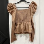 TCEC NWT  Puff Sleeve Smocked Longsleeve Blouse Metallic Brown Size Medium Photo 3