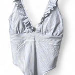 H&M  Women’s‎ 2XL One-Piece Swimsuit Blue White Stripe Ruffle Strap Coastal Chic Photo 0