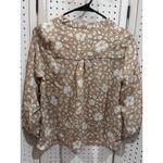 Everly  Tan White Floral Leopard Print V Neck Roll Tab Sleeve Blouse Top Size S Photo 4