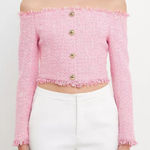 Endless Rose  Off The Shoulder Tweed Pink Long Sleeve Cropped Shirt Button Large Photo 0