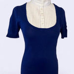 Japanese LISSEO Short Sleeve Knit Top Shirt With Mock Collar Blue&White Blue Photo 0