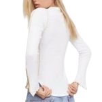 Free People  Women’s Size XS White Gold Zipper Cuff Thermal Crewneck Top Shirt Photo 3