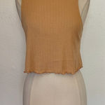 Solid Tan Lettuce Hem Mock Neck Sleeveless Crop Top Photo 0