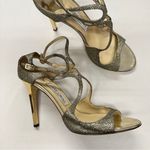 Jimmy Choo  Silver Gold Sparkle Strappy Heels Womens 9 Leather Glitter Glam Shoe Photo 0