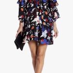Parker  100% Silk Floral Cold Shoulder Tiered Sleeves Mini Dress Black Blue Small Photo 0