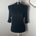 Boden Pointelle Ribbed Scalloped Black Knit Short Sleeve Sweater Mock Neck Sz L Size L Photo 1