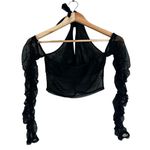 Pretty Little Thing  Crop Top Womens 4 Black Sheer Ruched Off Shoulder Halter Rave Photo 2