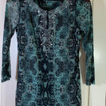 INC Sheer Snake Print Tunic Top Beaded Neck Teal Black Small Nylon Mesh Blouse Blue Photo 0