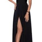 La Femme Plunge Neck A-line black high front slit Gown Photo 2