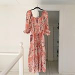 FATE. Printed Puff Sleeve Smocked Midi Dress Coral/Pink Size M Photo 6