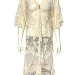 CCC Sheer Ivory Floral Embroidered Long Kimono Cardigan Cover Up Poncho Shawl OS Yellow Size undefined Photo 0