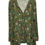 LOGO Green Floral Button Front V Neck Shark Bite Tunic Blouse Size L Photo 0