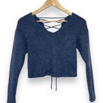 Zaful V-Neck Back Lace-up Long Sleeve Cropped Sweater Blue Women's Small Photo 0